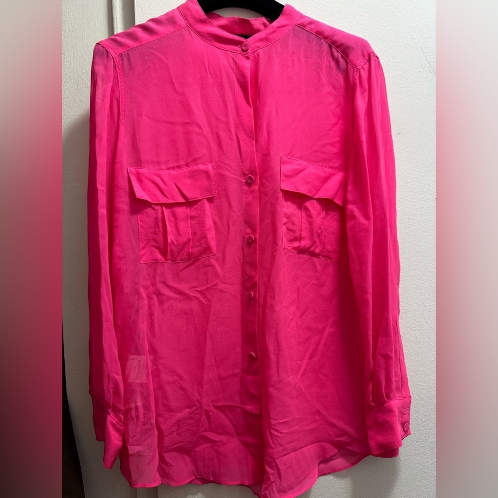 BCBGMAXAZRIA Anderson silk button-down blouse in neon pink medium